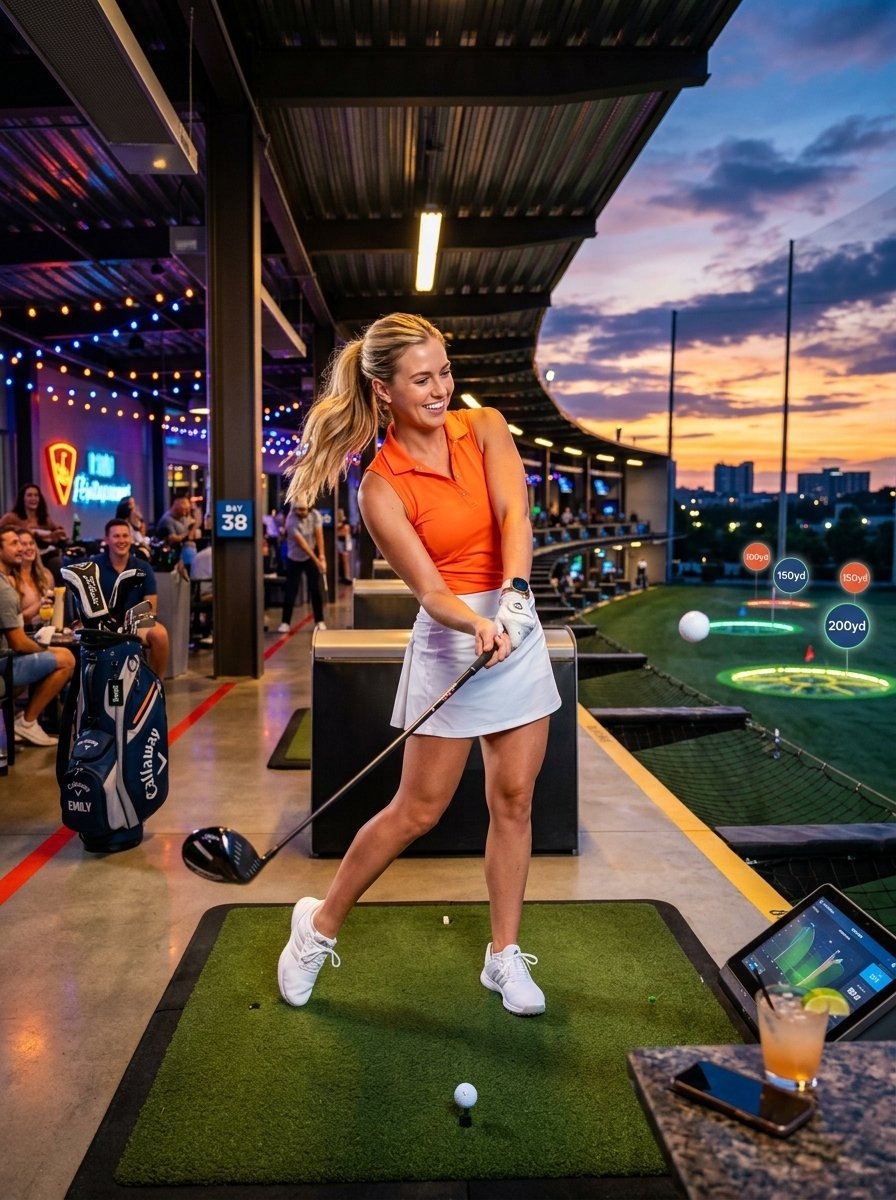 A blonde woman in an orange polo shirt hits a golf ball at an outdoor high-tech driving range during twilight.