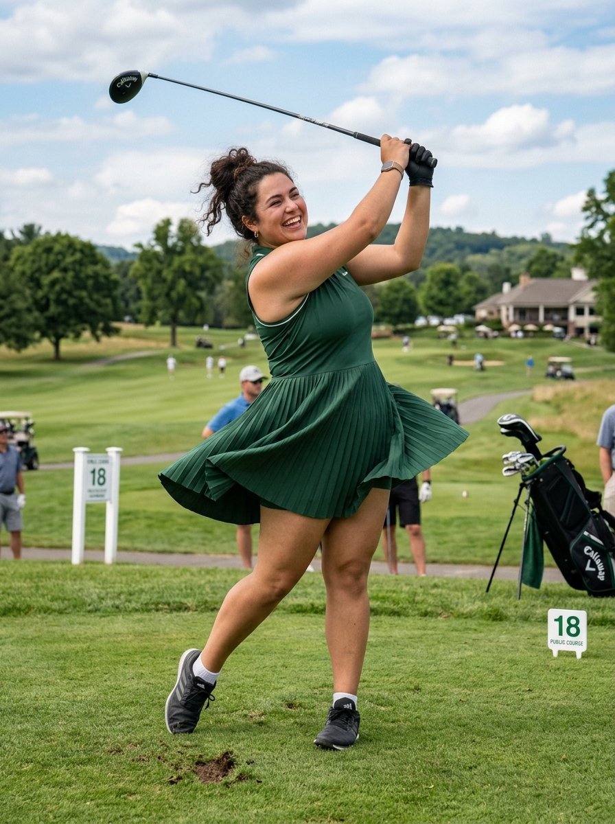 A smiling woman in a green pleated dress swings a golf club on the 18th hole of a sunny golf course.