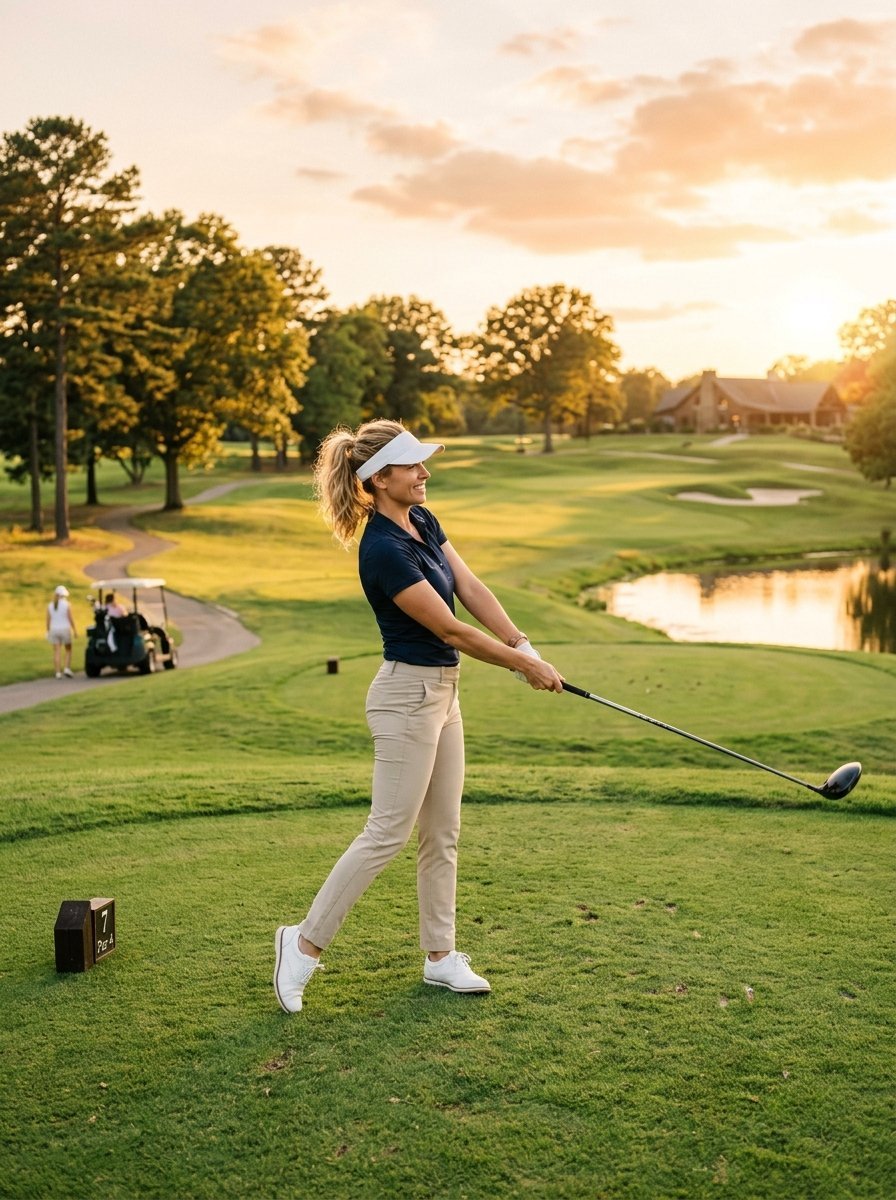 A blonde woman in a navy polo and white visor follows through on a golf swing on a sunny course.