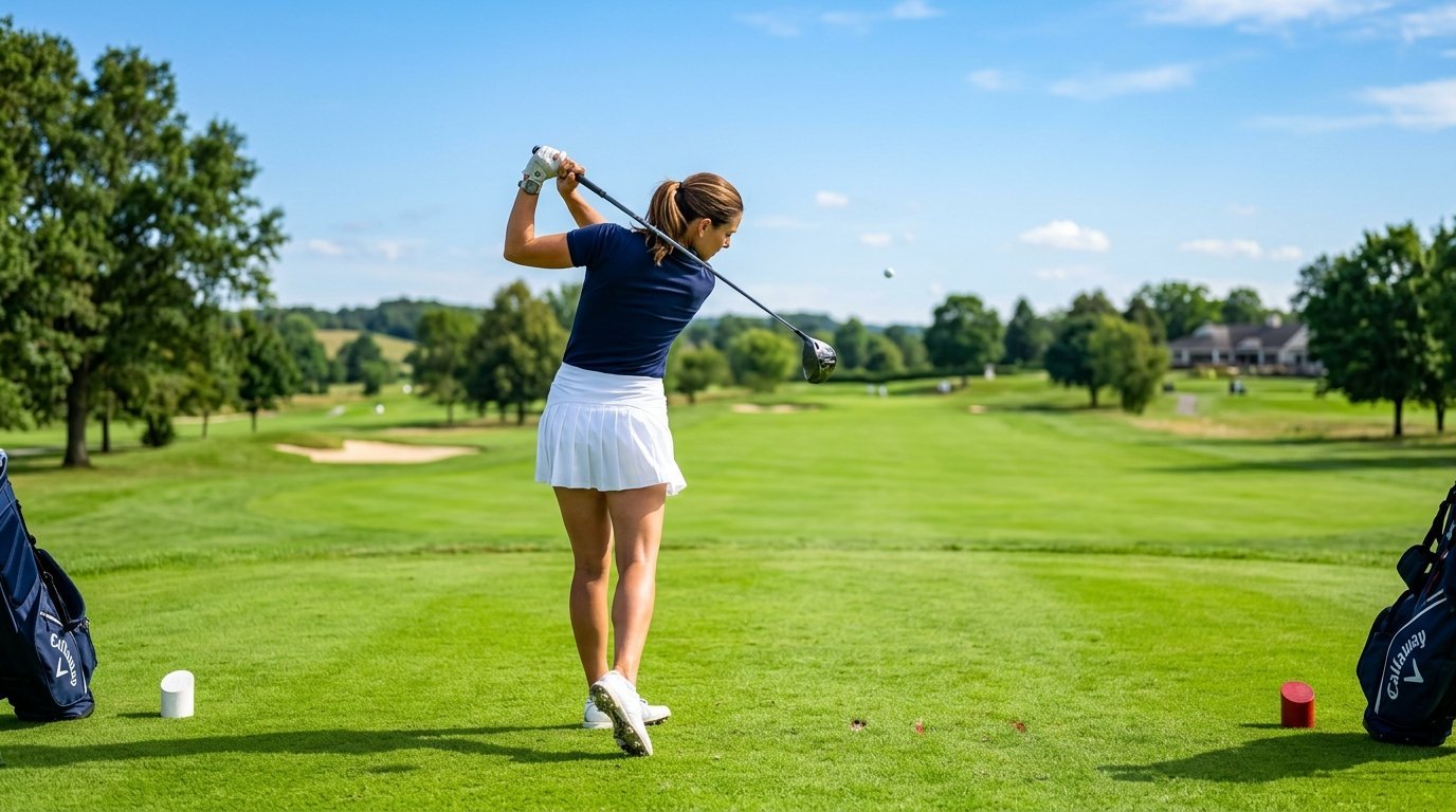 A woman in a navy shirt and white pleated skirt swings a driver on a lush green golf course fairway.