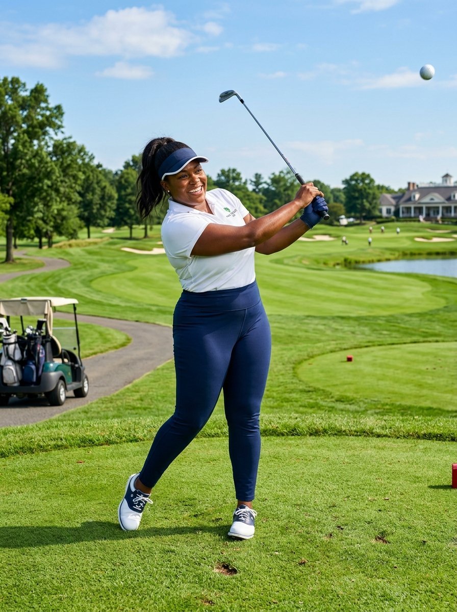 A woman wearing a visor and athletic wear hitting a golf ball on a scenic green course.