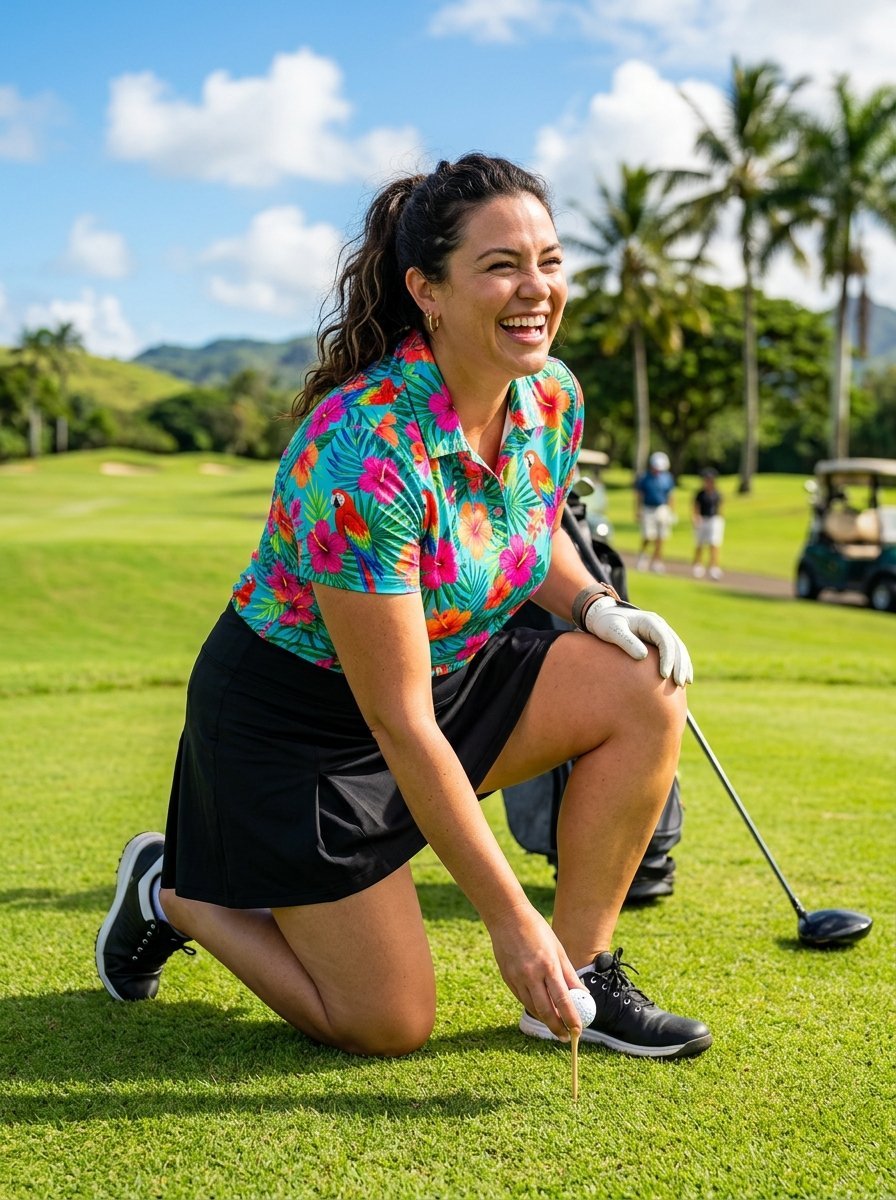 A happy woman in a floral parrot print shirt kneels on a golf course to set up her next shot.