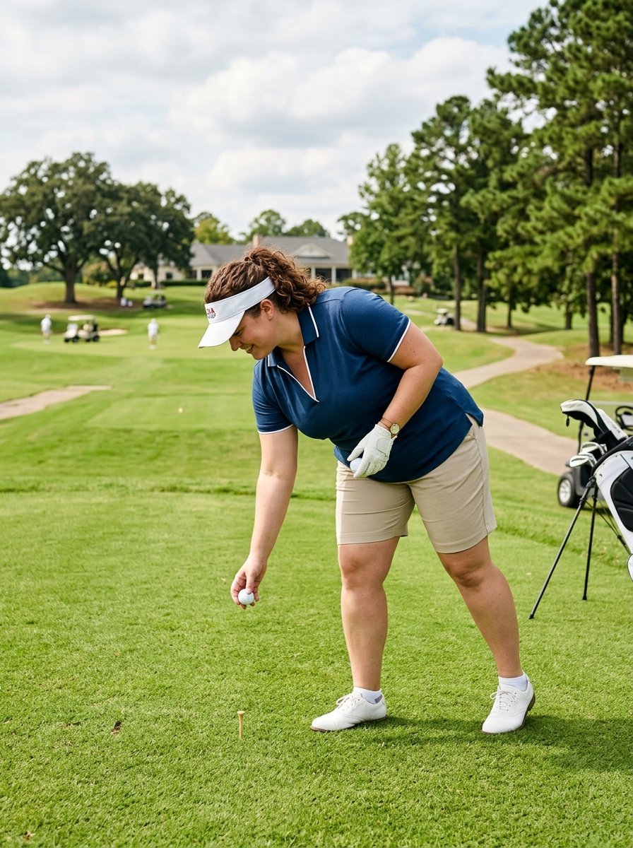 A woman in a polo shirt and visor prepares to start her golf game on a sunny course.
