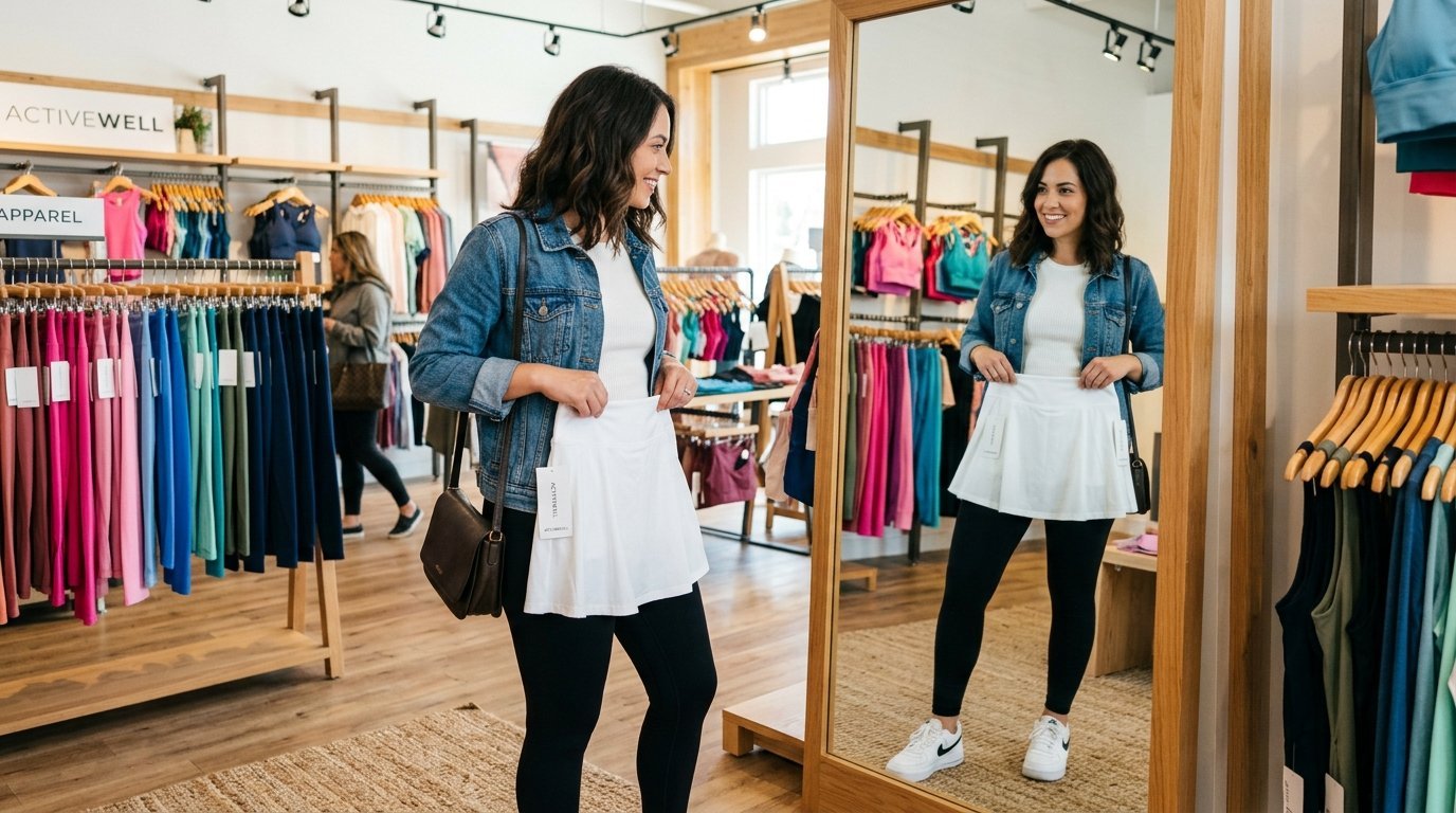 A woman wearing a denim jacket holding a white skort against her waist while looking at herself in a store mirror.