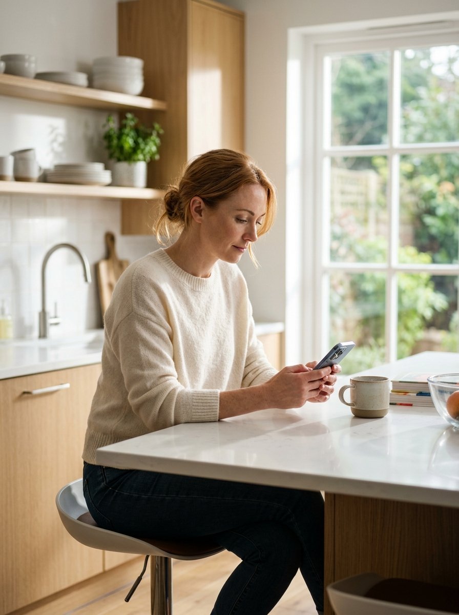 Woman sitting on a stool at a bright kitchen island looking at her mobile phone.