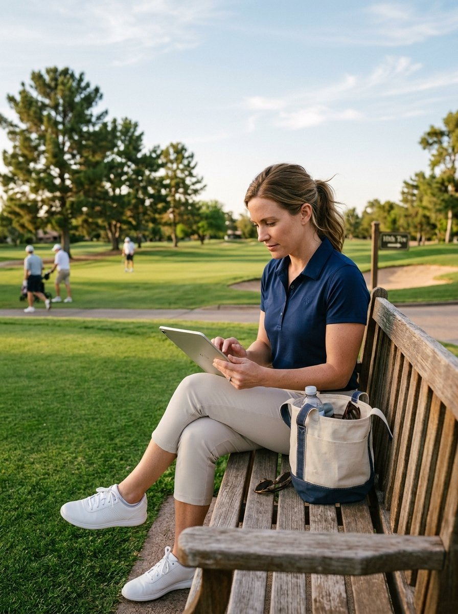 Golfer resting on a bench using a tablet with players on the green in the background.