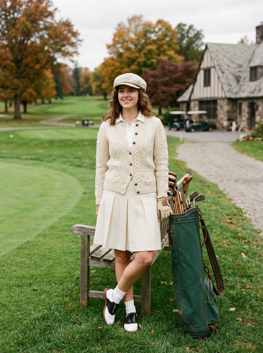 Young woman in vintage cream golf attire leans against a wooden bench next to a green club bag on a fall course.