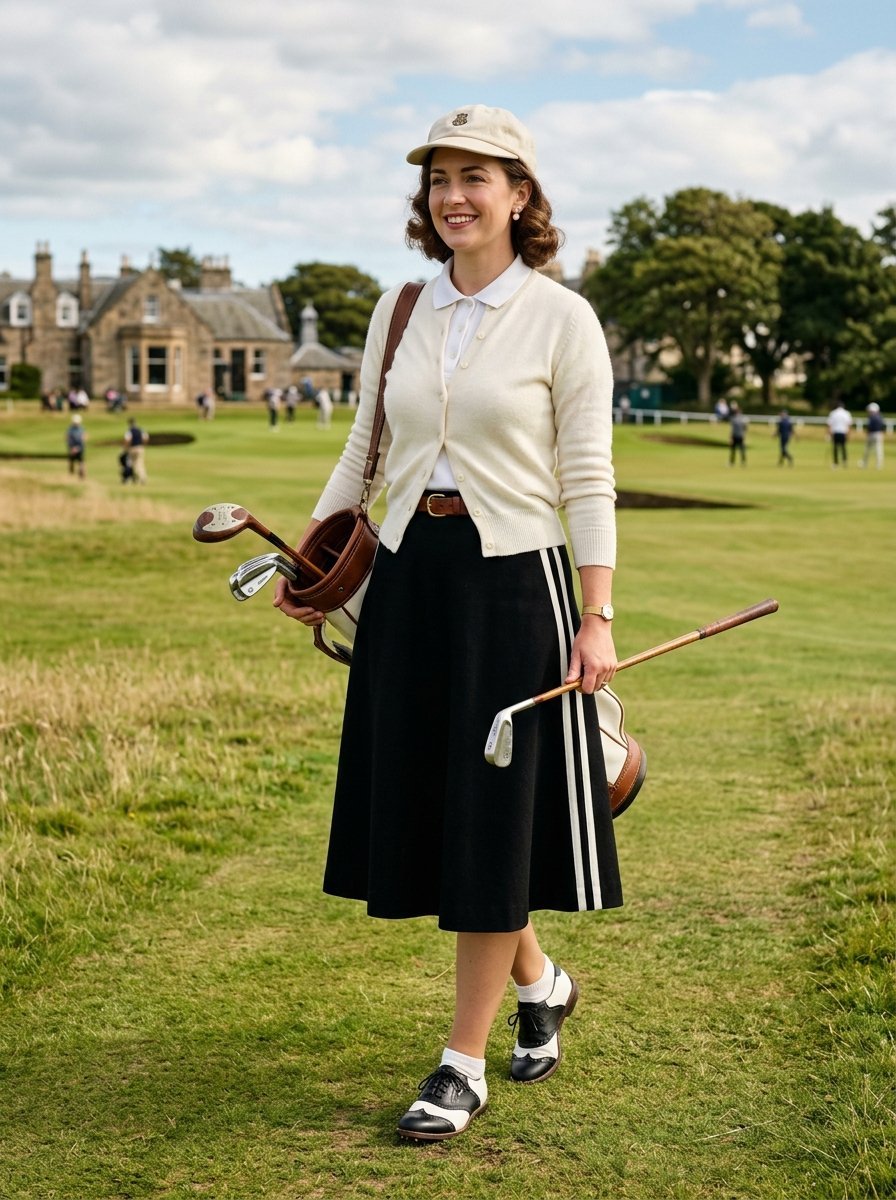 Smiling woman in a beige cardigan and black skirt carrying a leather golf bag on a course.