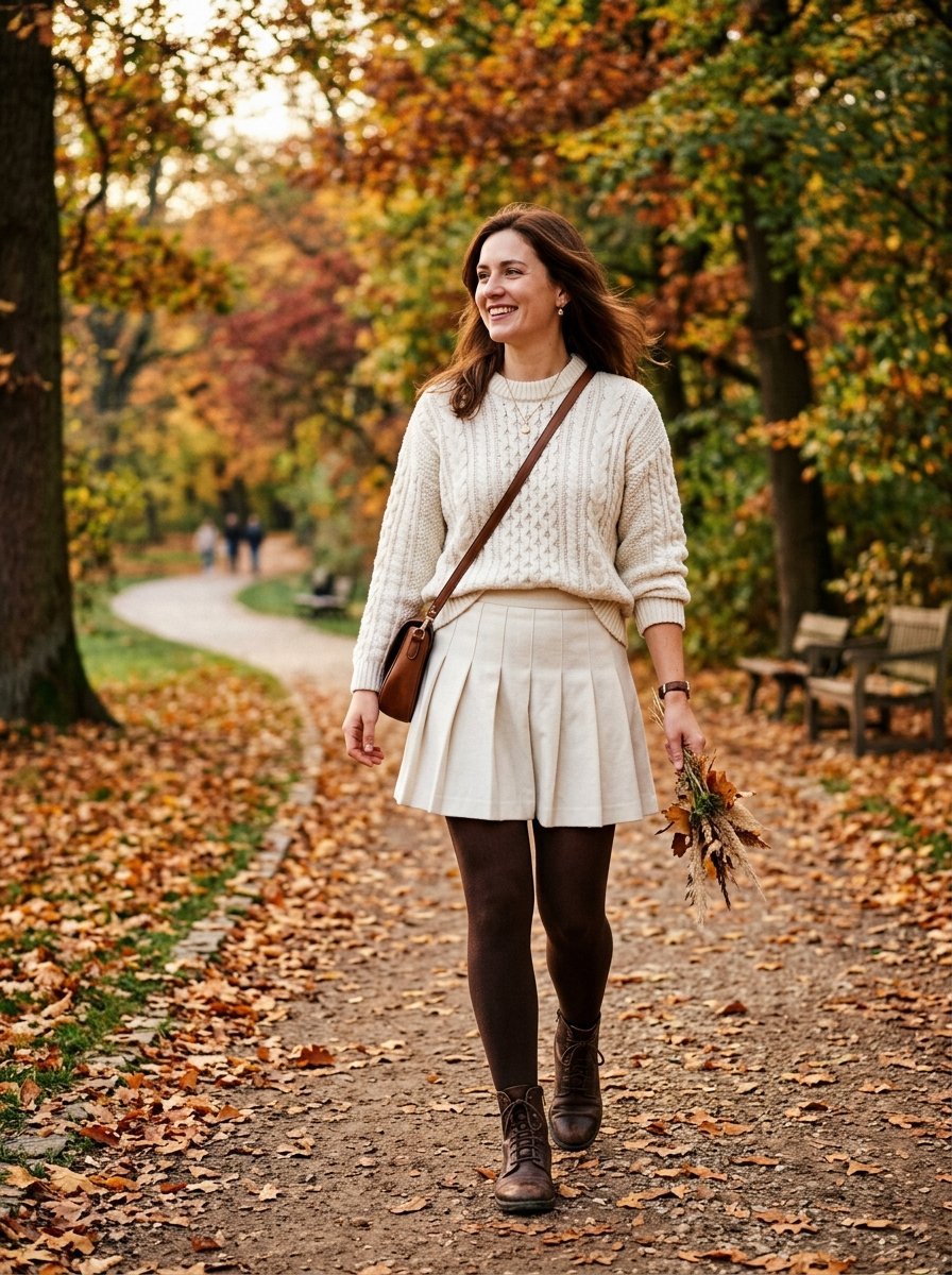 A woman in a white sweater and skirt walking on a path covered in orange autumn leaves in a park.