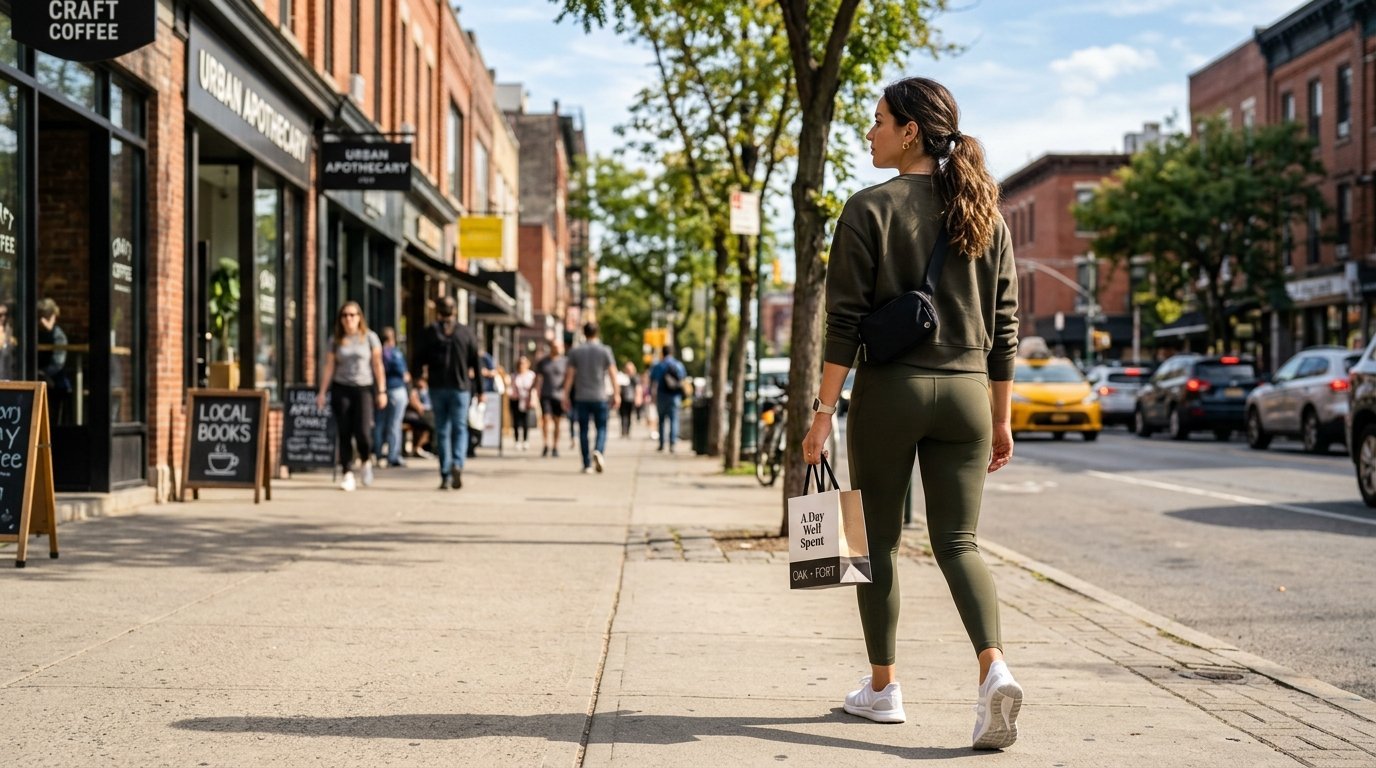A woman in olive workout clothes walks along a sidewalk past brick storefronts in a busy city.