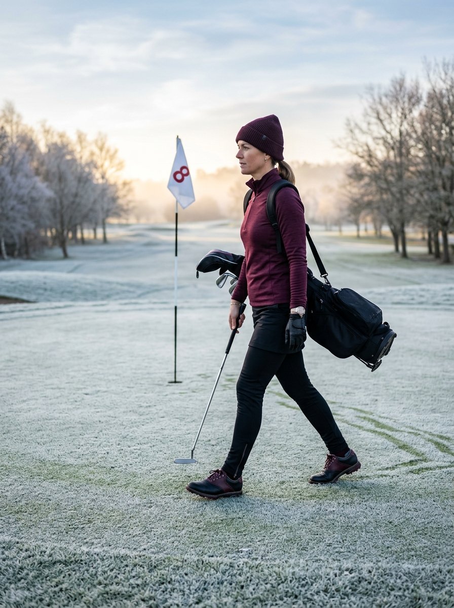 A woman in a maroon beanie and quarter-zip walks toward a golf hole on a frost-covered morning fairway.
