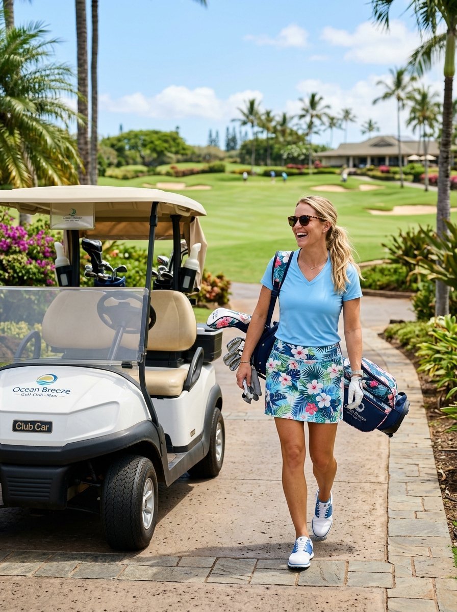 A cheerful woman in tropical golf attire walking on a paved path next to a parked golf cart at a sunny course.