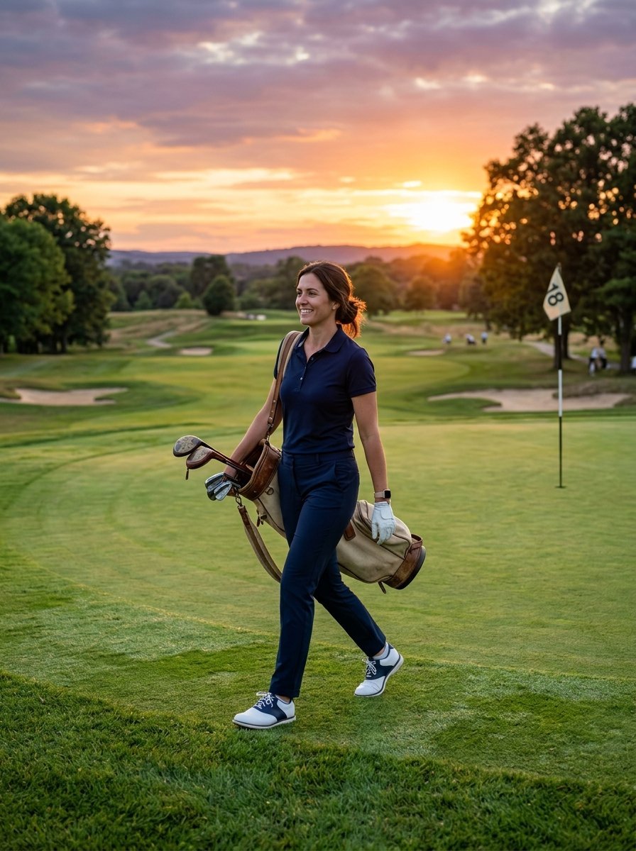 A smiling woman in a navy polo walks across a green golf course with a leather club bag during golden hour.