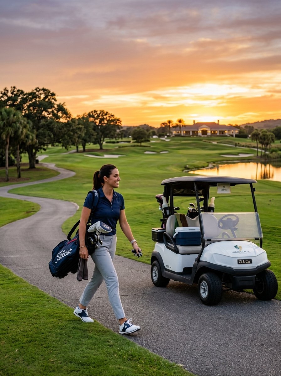 A woman carrying a Titleist golf bag walks down a paved path near a white golf cart on a scenic course at dusk.