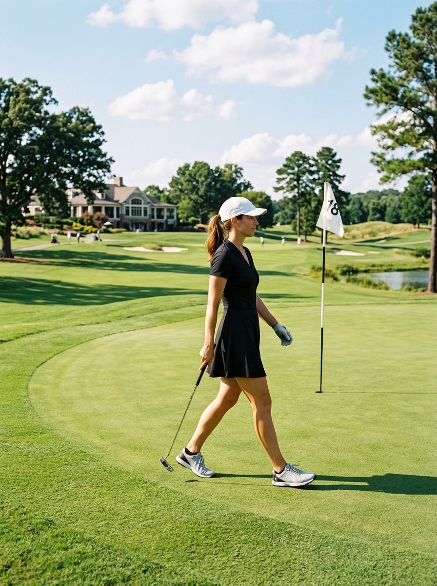 A woman in a black athletic dress and white cap walks across a putting green holding a putter.