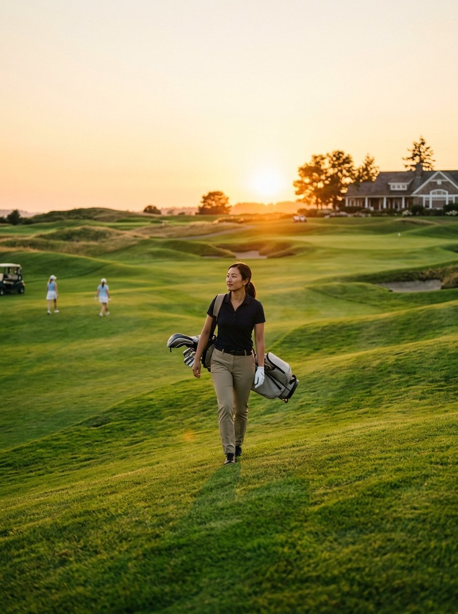 A woman walks across a hilly golf course carrying a bag of clubs as the sun sets behind a clubhouse.