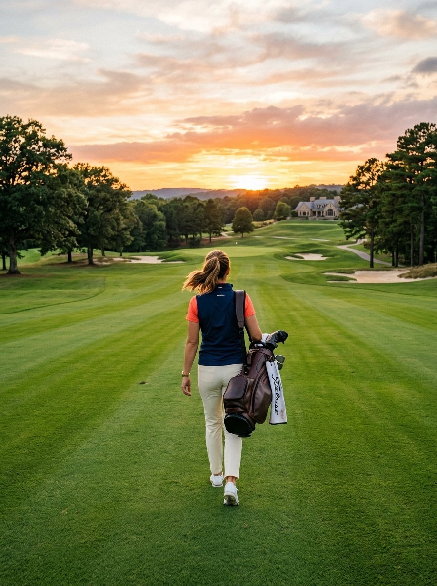A woman carrying a golf bag walks down a lush green course toward a clubhouse as the sun sets in the distance.