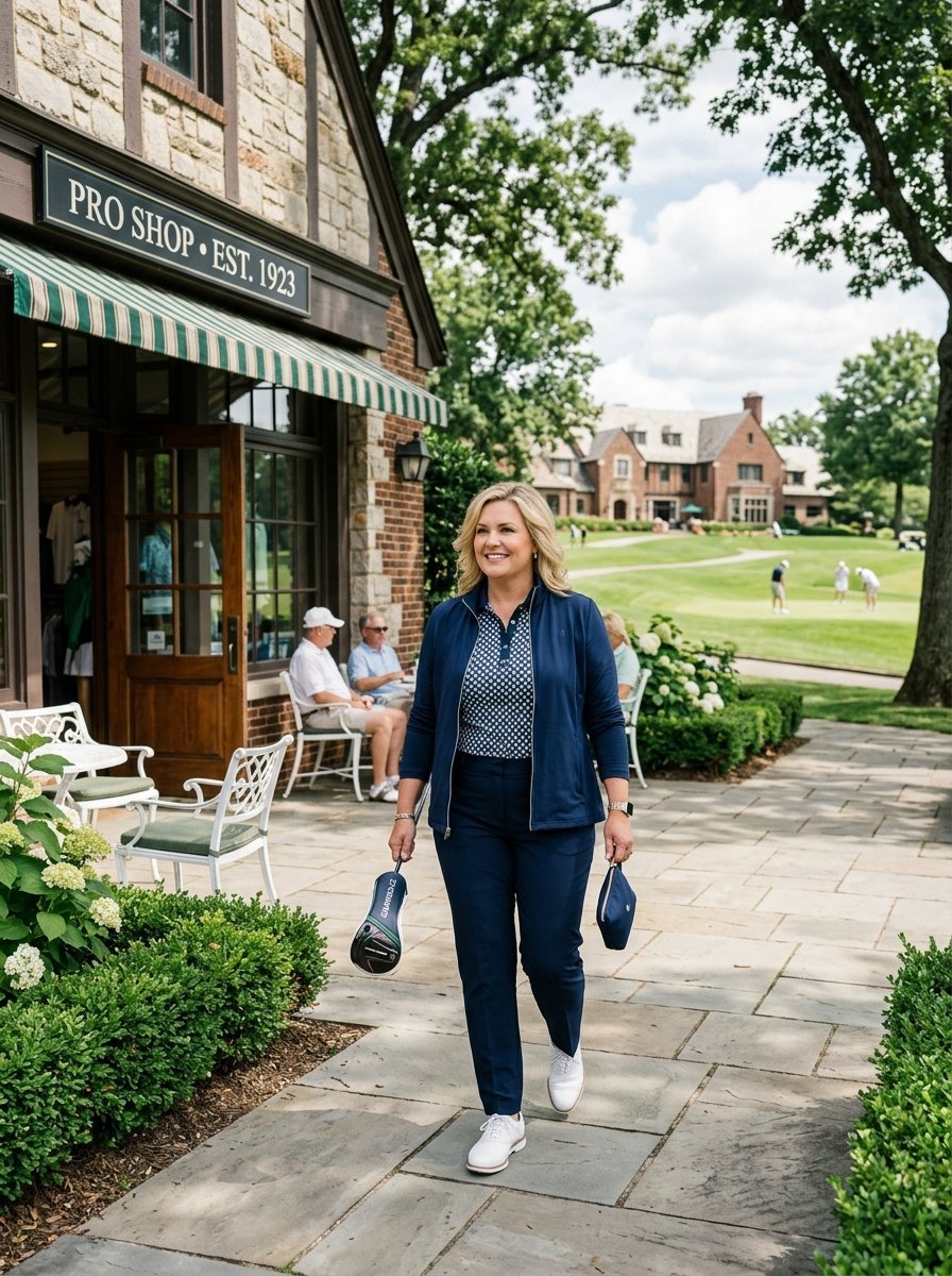 A woman in navy golf attire walks along a stone patio in front of a clubhouse pro shop.