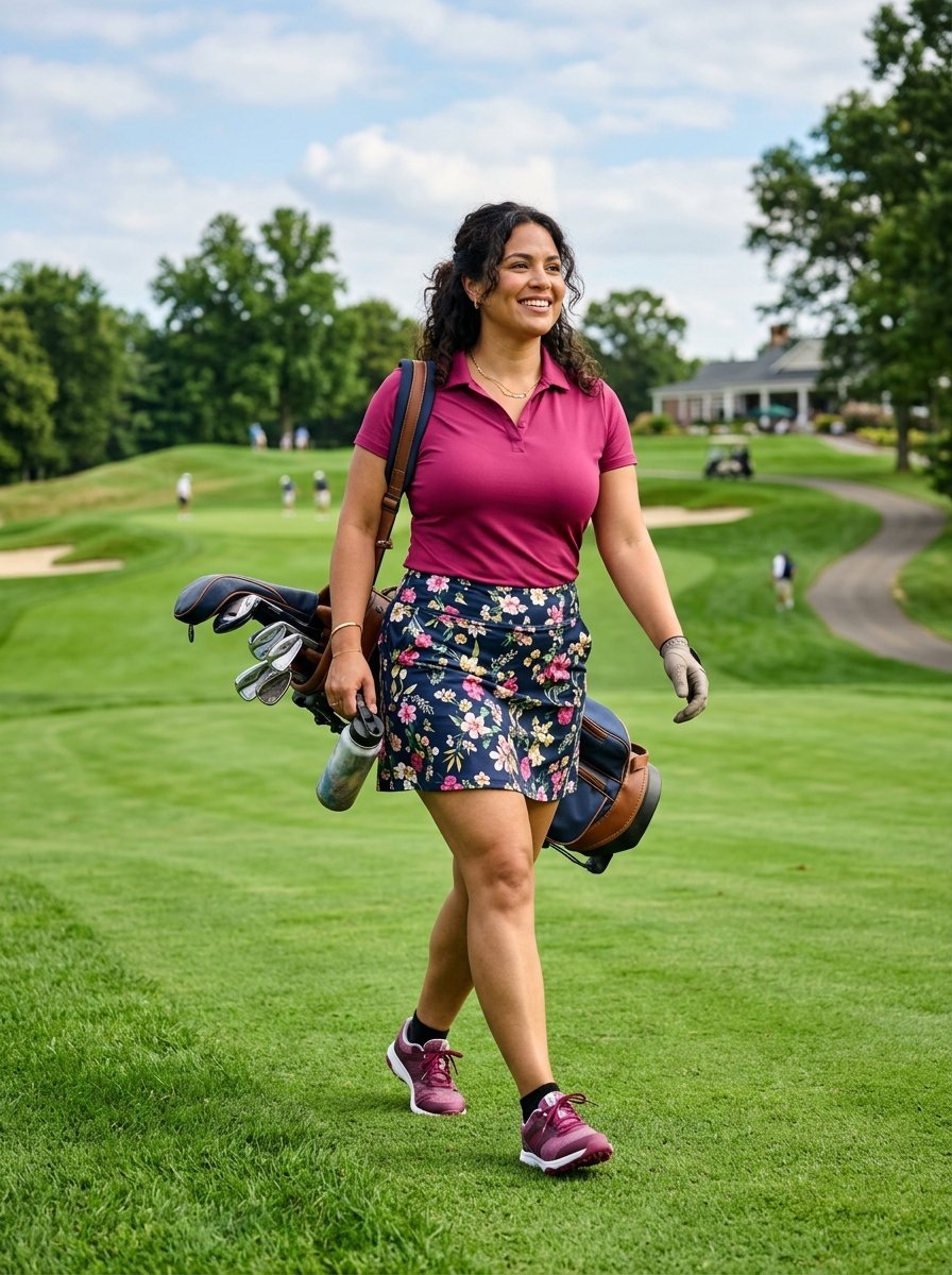 A curly-haired woman in a floral skirt and pink polo walks across a sunny golf course carrying a bag of clubs.
