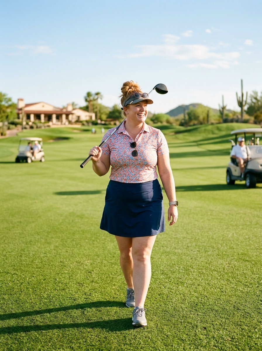 Smiling female golfer in a floral polo and navy skirt walking on a lush green golf course with a driver.