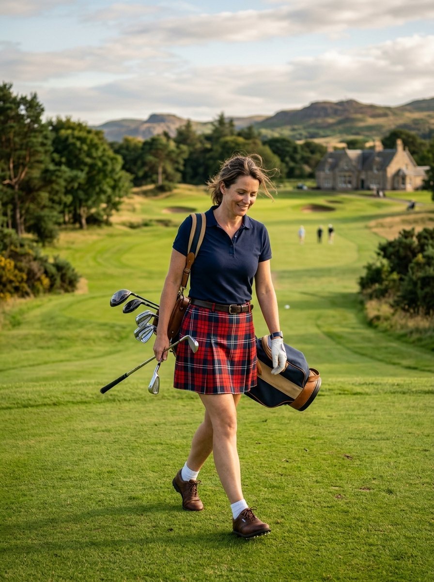 Golfer in a plaid skirt and navy shirt walking across a grassy course with clubs over her shoulder.