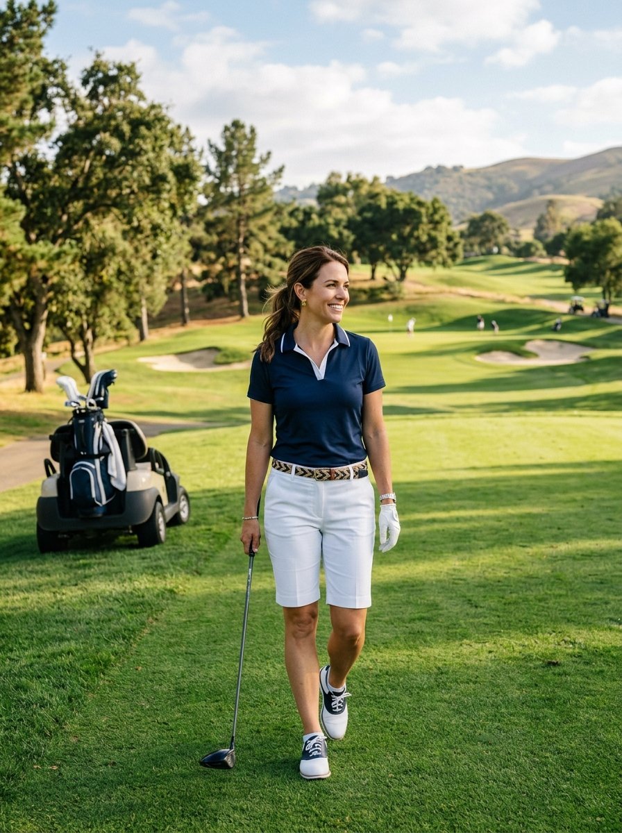 Female golfer in a navy polo and white shorts carrying a golf club on a sunny course with a cart nearby.