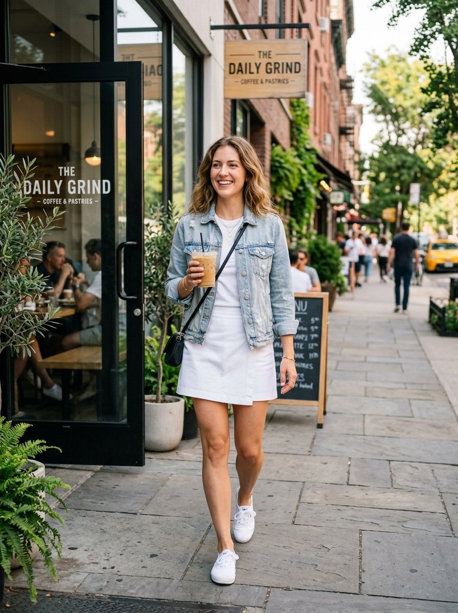 Smiling woman in denim jacket walking on a city sidewalk holding a plastic cup of iced coffee.