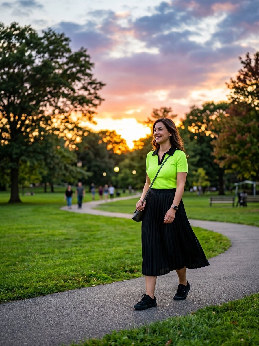 A smiling woman in a neon green polo and black pleated skirt walks on a park path at sunset.
