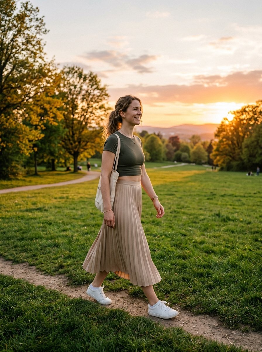 A smiling woman with a tote bag walks on a dirt path during a golden hour sunset in a grassy field.