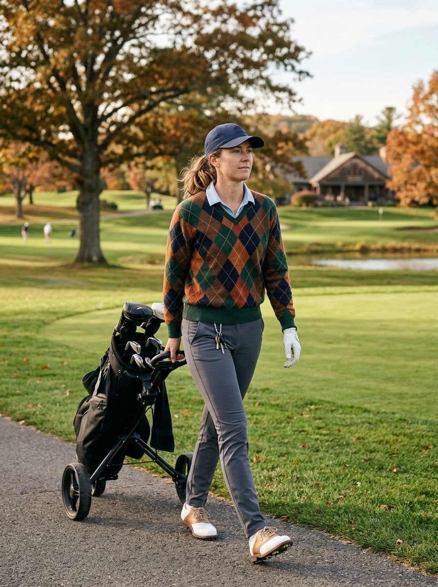 A woman in a navy hat and argyle sweater pulls her golf club cart along a paved path on an autumn day.