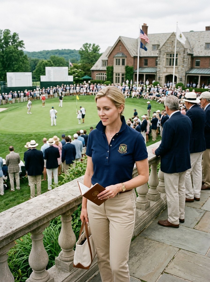 Woman in navy polo holds a program on a balcony with a crowded golf course and club house in the background.
