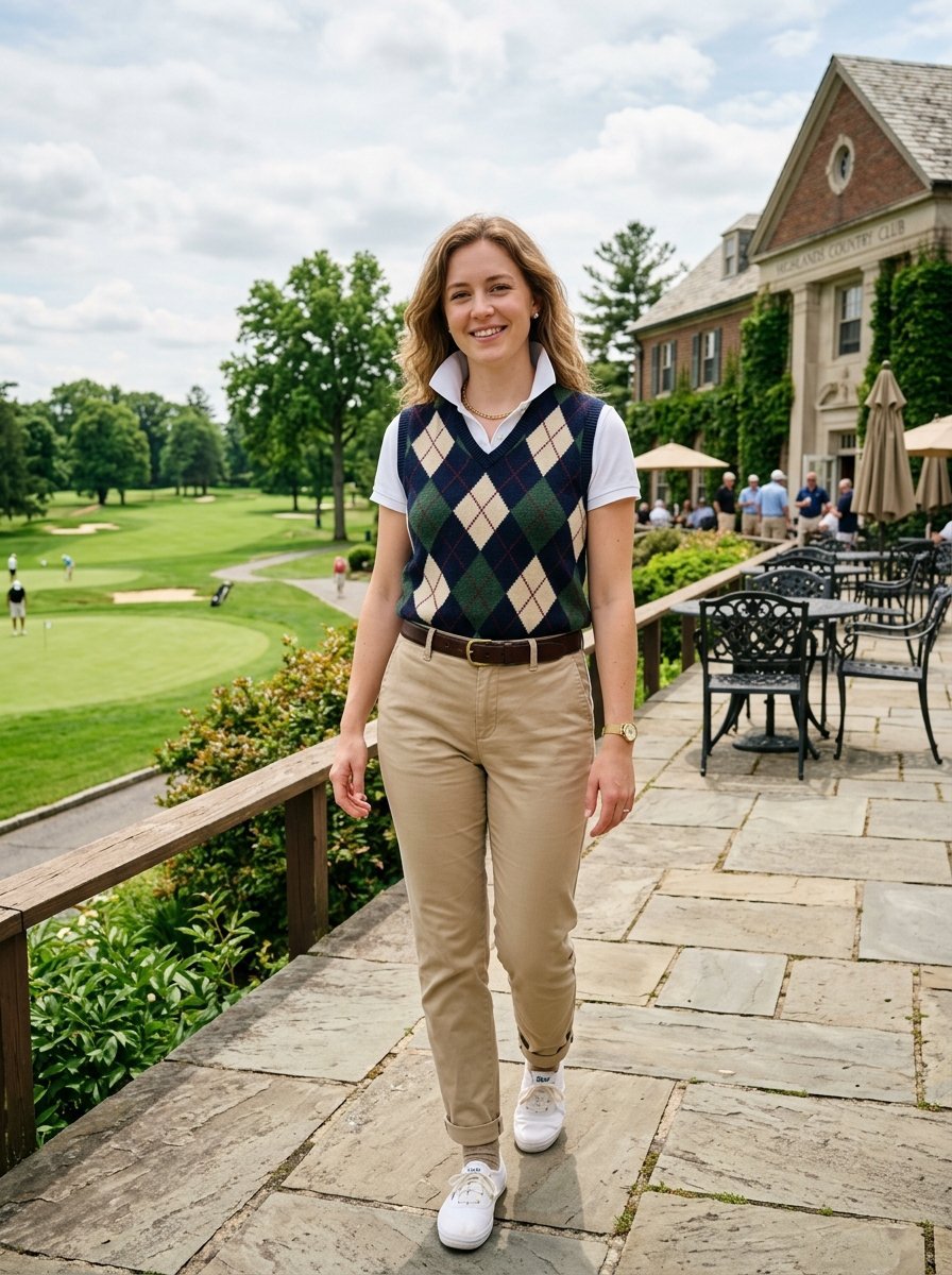 A smiling woman wearing a sweater vest and khaki pants walks on a stone patio overlooking a golf course.