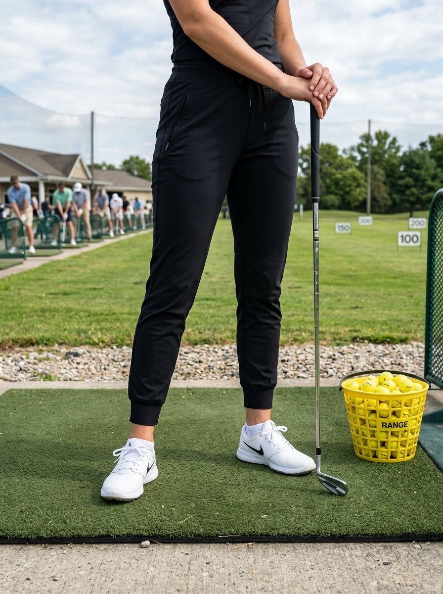 A golfer wearing black athletic joggers and white sneakers stands by a basket of yellow practice balls.