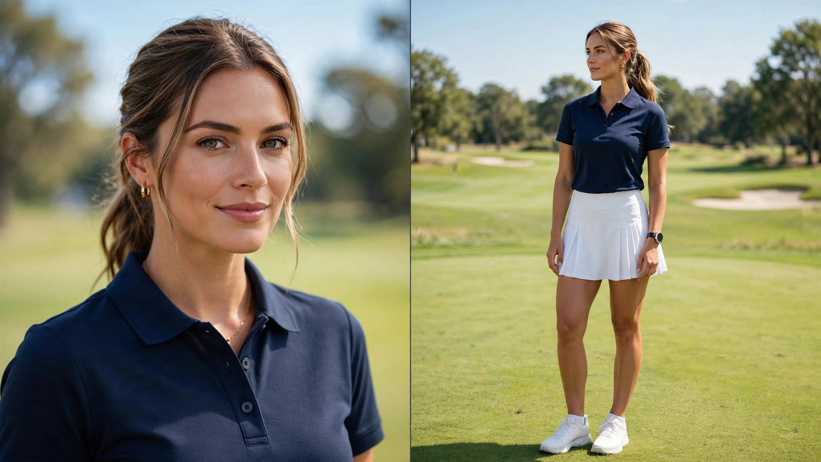 A woman in a navy polo and white pleated skirt stands on a sunny golf course.