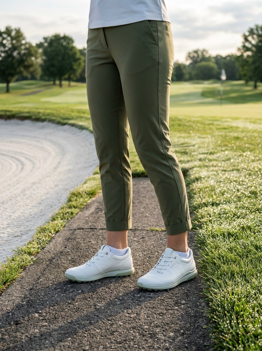 Close up of a woman wearing khaki golf pants and white athletic shoes on a golf course cart path.