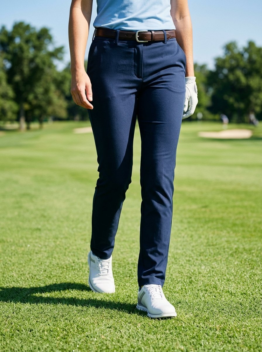 Close up of a woman wearing navy slacks and white golf shoes on a sunny fairway.