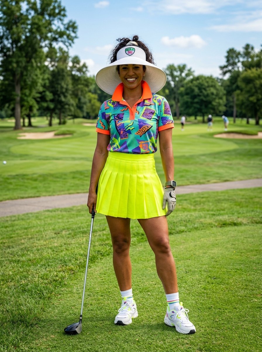 A woman stands on a green golf course wearing a wide brimmed sun visor, neon skirt, and patterned shirt.