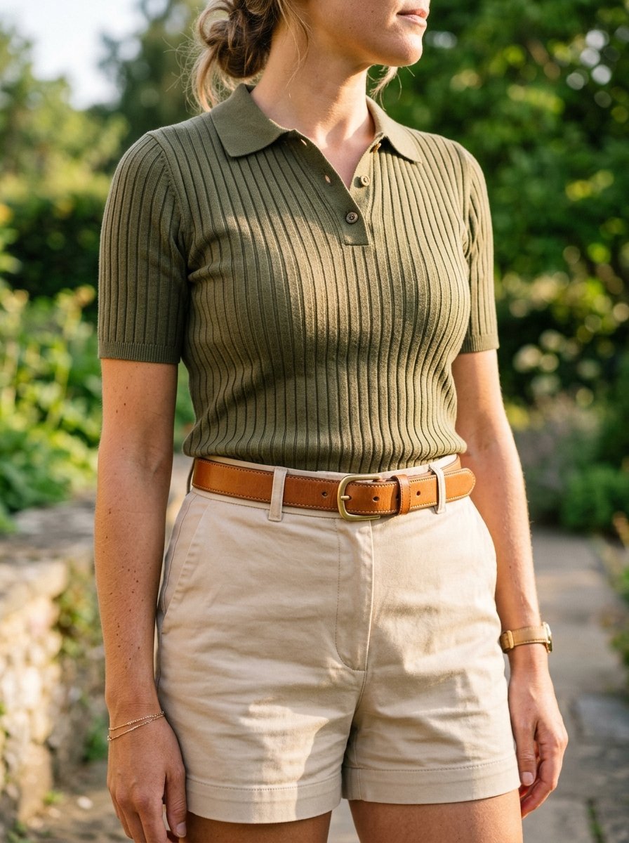 Close-up of a woman in an olive ribbed knit polo shirt paired with tan shorts and a leather belt.