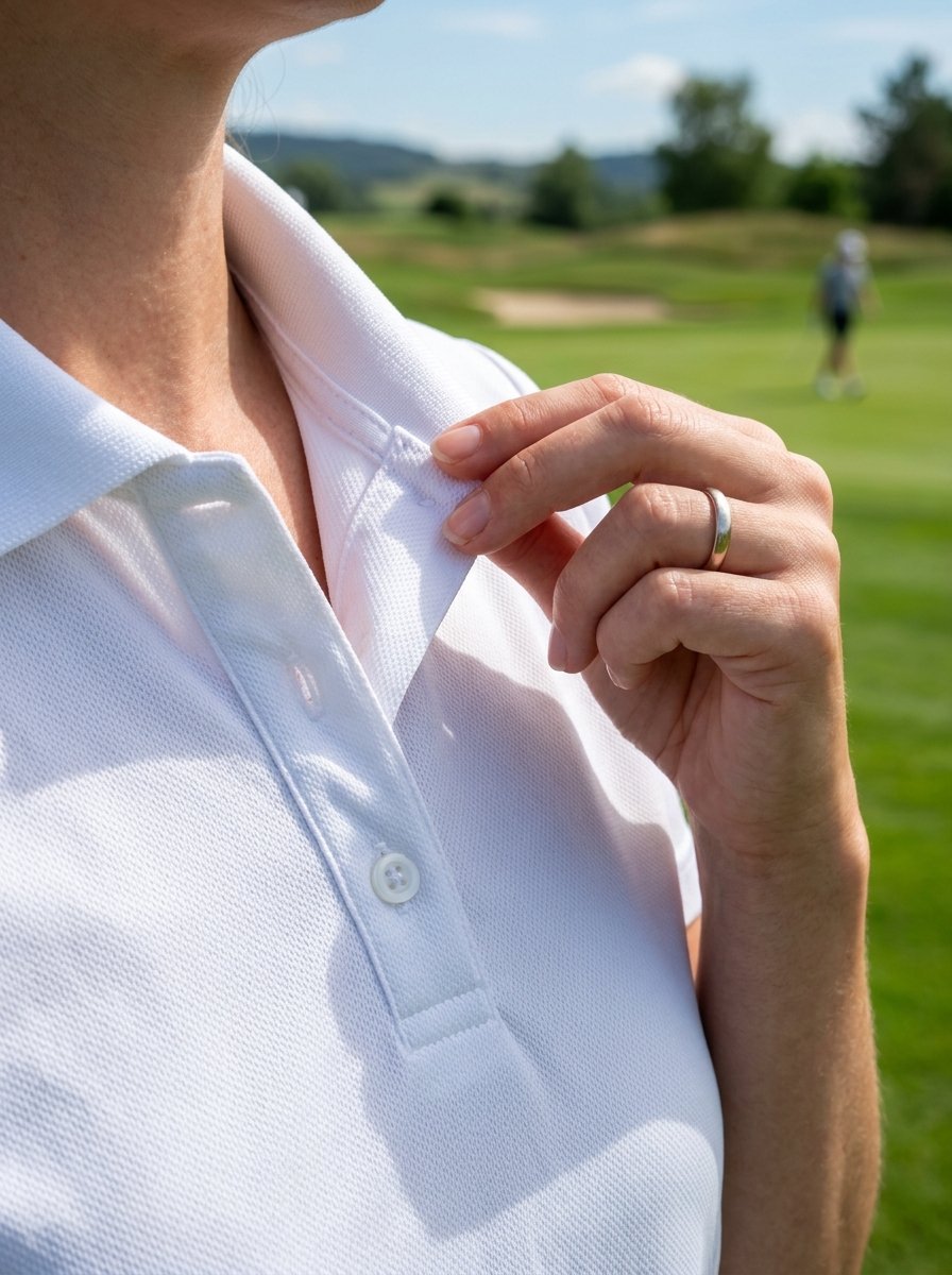 Close-up of a person's hand holding the collar of a white textured golf shirt on a bright sunny day.