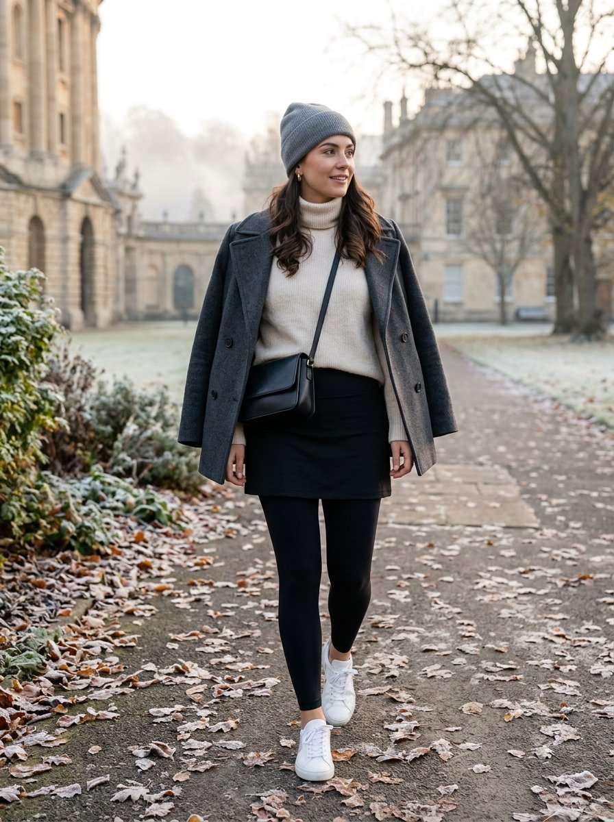 Woman with grey beanie, coat, and turtleneck walking on a path covered with autumn leaves in a garden.