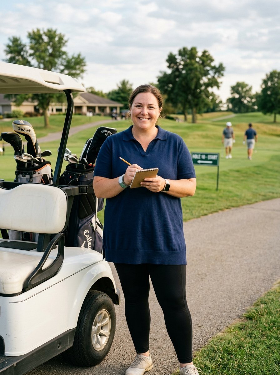A smiling woman in a blue shirt writes in a small notepad beside a golf cart on a sunny course.