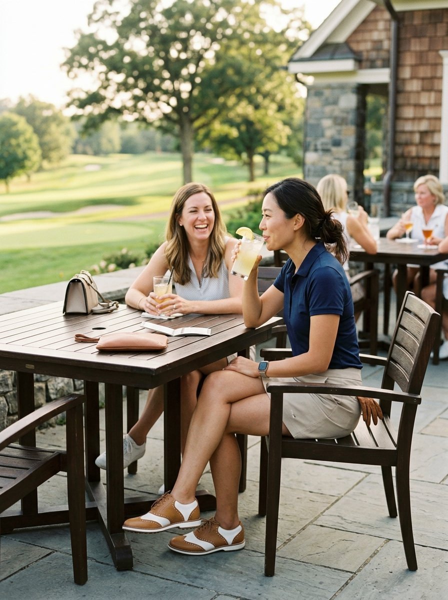 Two friends laughing at a bistro table on a scenic stone terrace overlooking a green golf course.