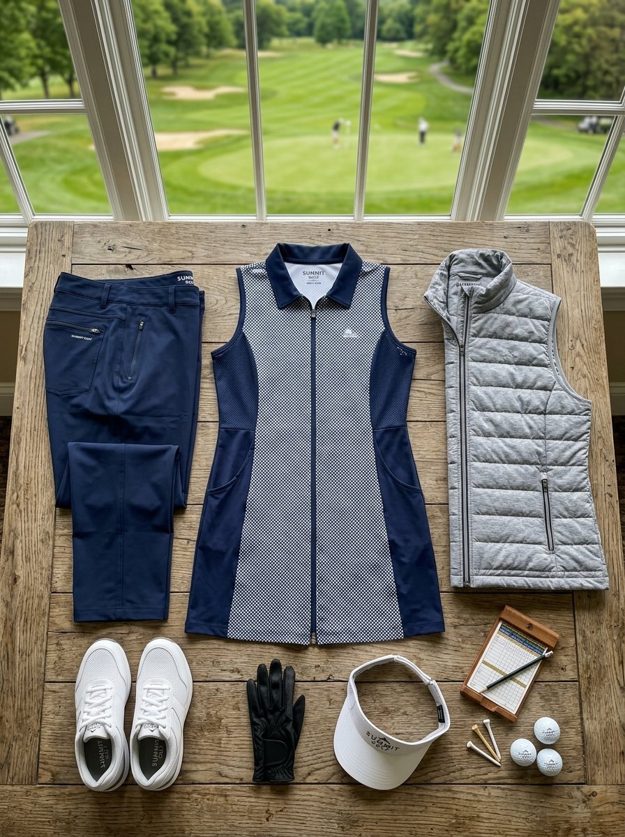 A navy golf dress, pants, grey vest, shoes, glove, visor, and scorecard on a table overlooking a golf course.