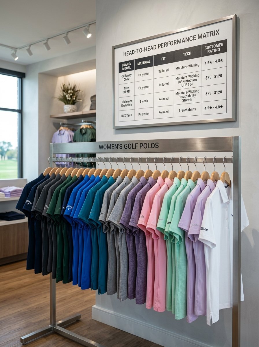 Retail display rack featuring multiple women's performance golf shirts in various colors under a comparison chart.