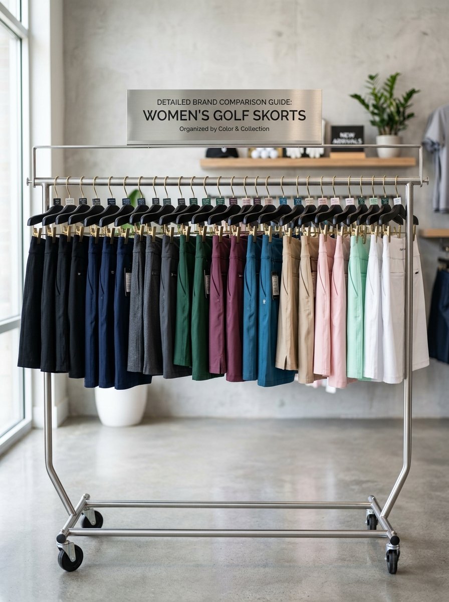 A garment rack featuring a rainbow assortment of women's athletic skorts with a brand comparison guide sign overhead.
