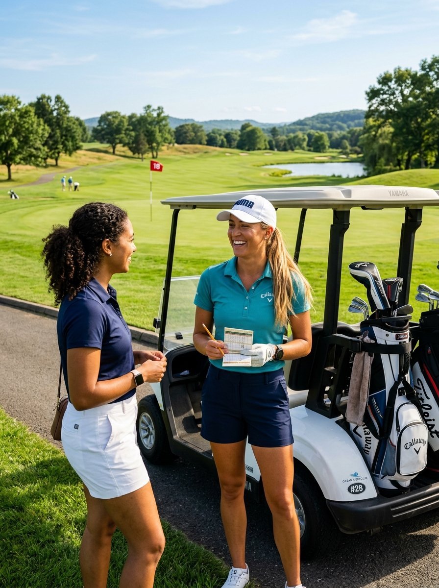Female friends in polo shirts chatting beside a golf cart on a sunny green course.