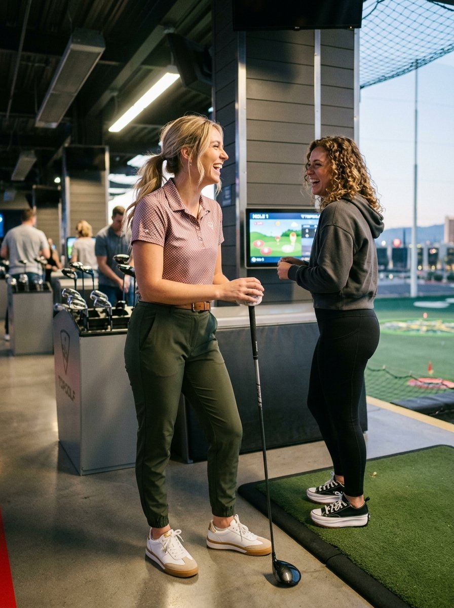Two women smiling and chatting while standing together at a golf driving range bay.