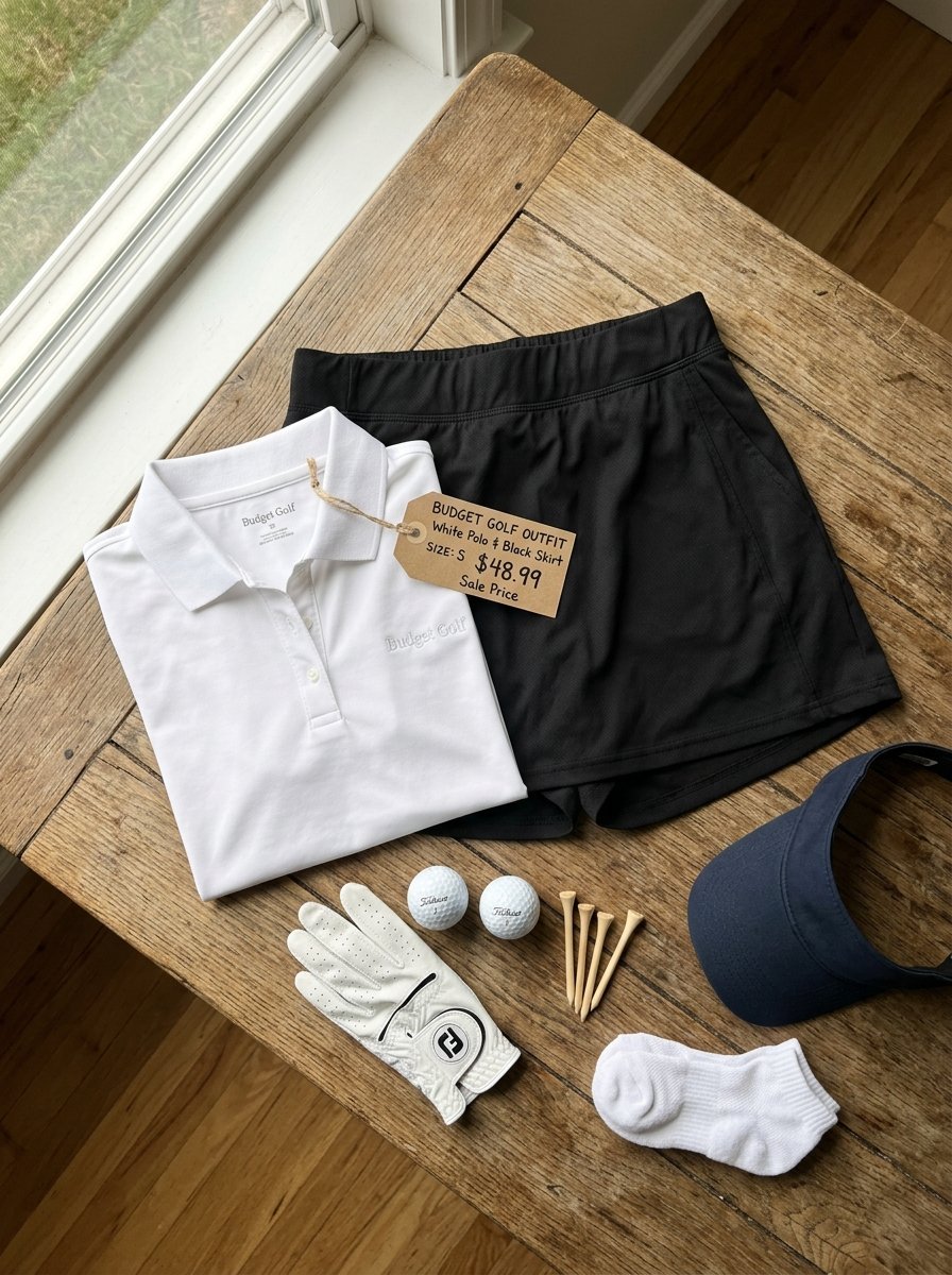 Flat lay of a white golf polo, black skort, golf glove, balls, tees, socks, and a navy visor on a wooden table.