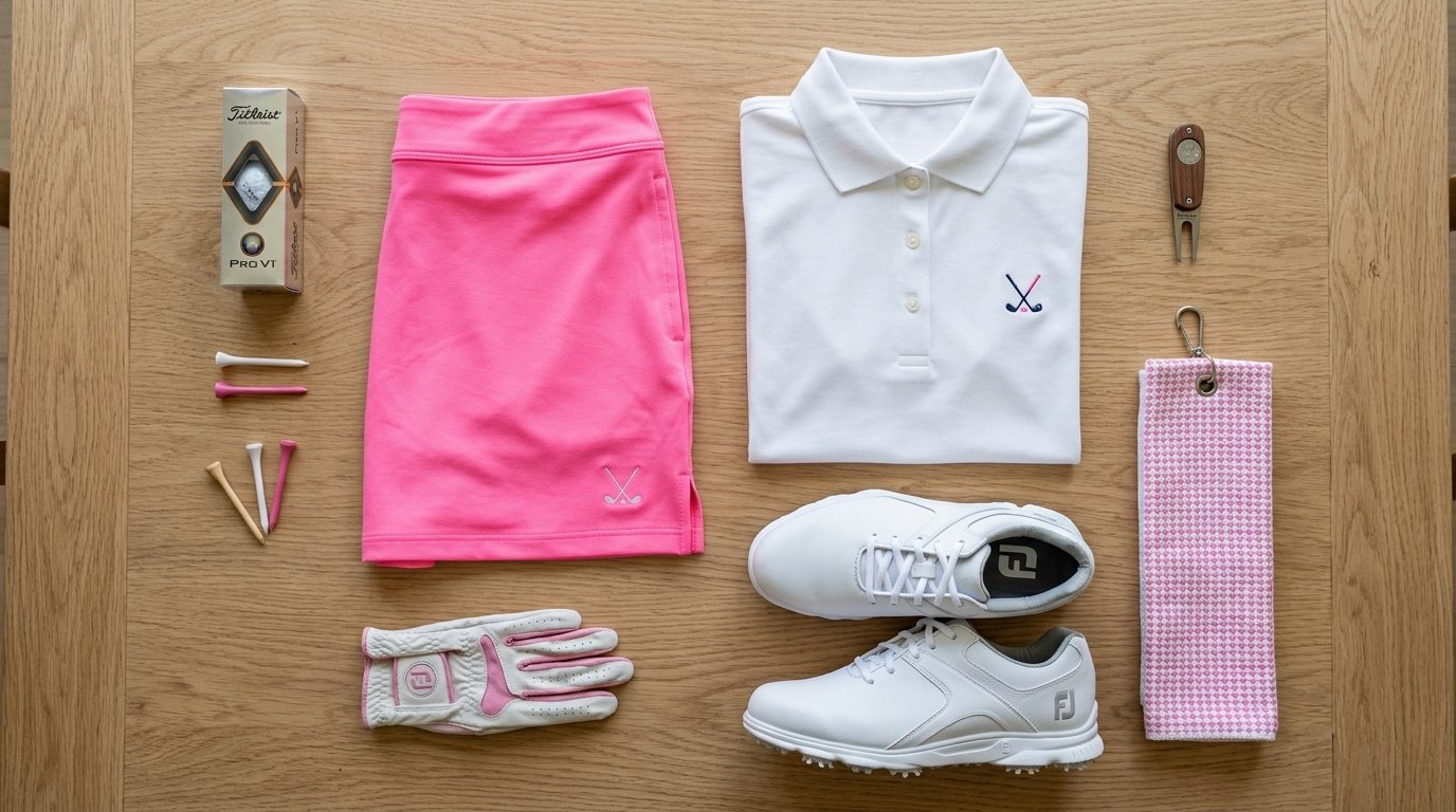 Pink golf skirt, white polo, FootJoy shoes, gloves, tees, and a towel arranged on a wooden table.