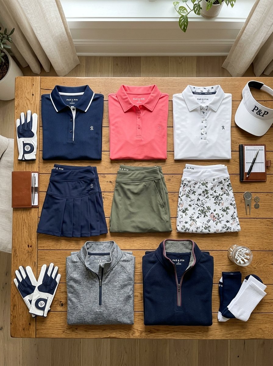 Flat lay of Par & Pin women's golf outfits, including polos, skirts, quarter-zips, gloves, and golf accessories.